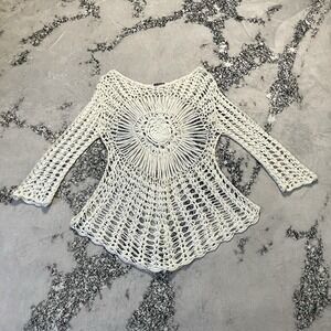 La Class Loosely Crocheted Ivory Sweater Beach Cover Up Top Pullover Resort